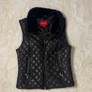 GUESS Quilted Black Women's Vest with Faux Fur Collar